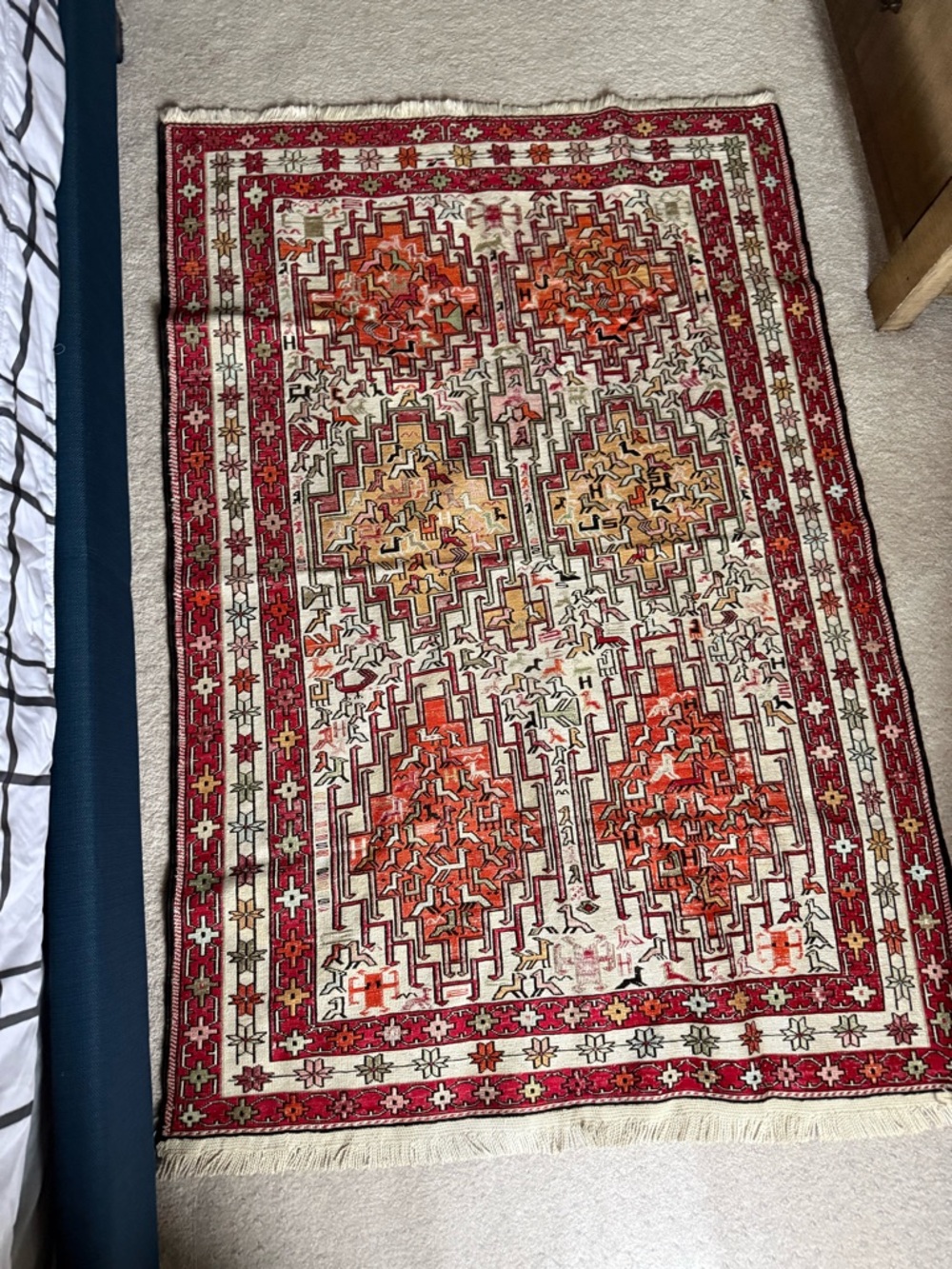 Persian Carpet Handwoven Geometric Accent Rug in Red, Orange, Cream
